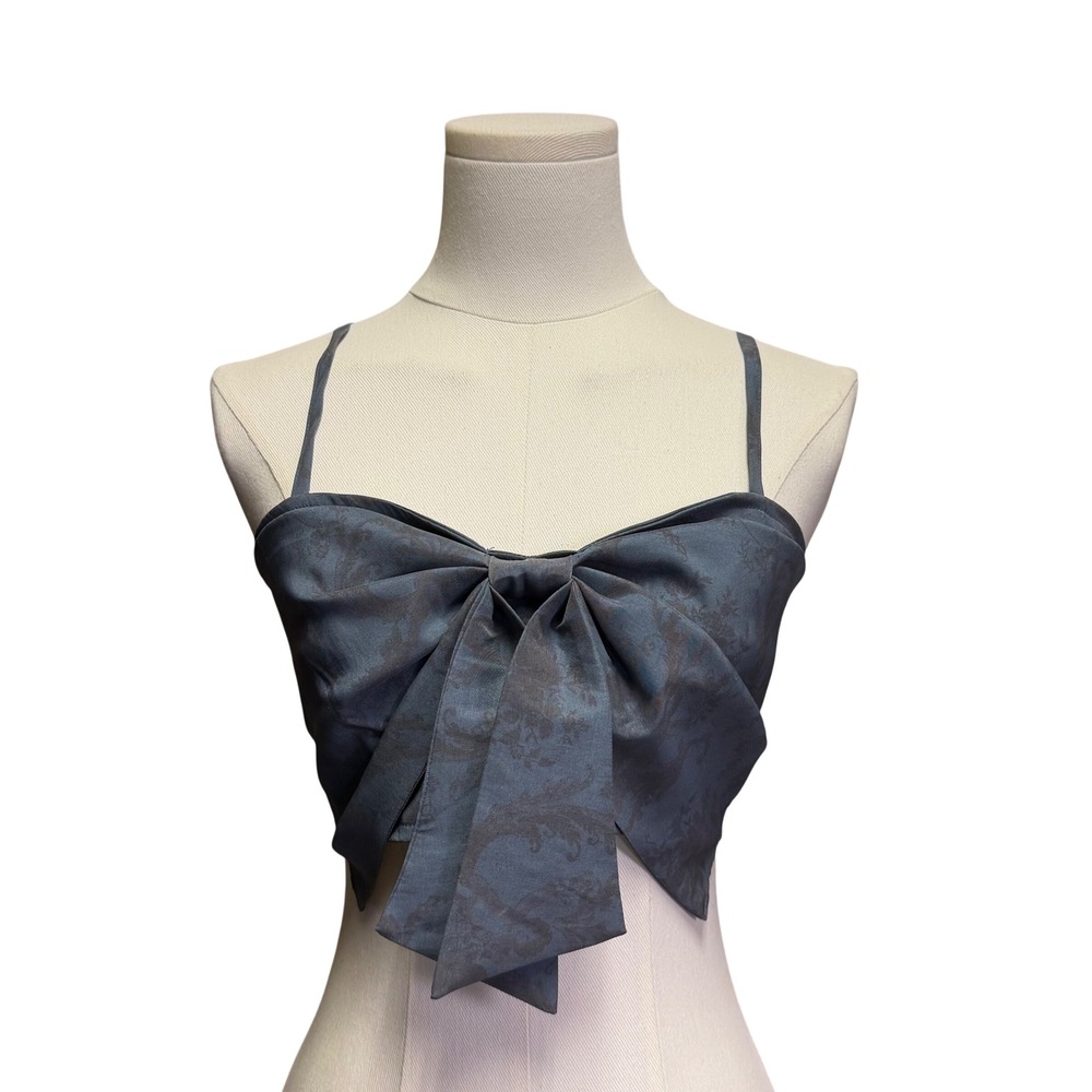 Aritzia Blue Jacquard Bow Front Cropped Camisole Top Smocked Back Zip Size 24